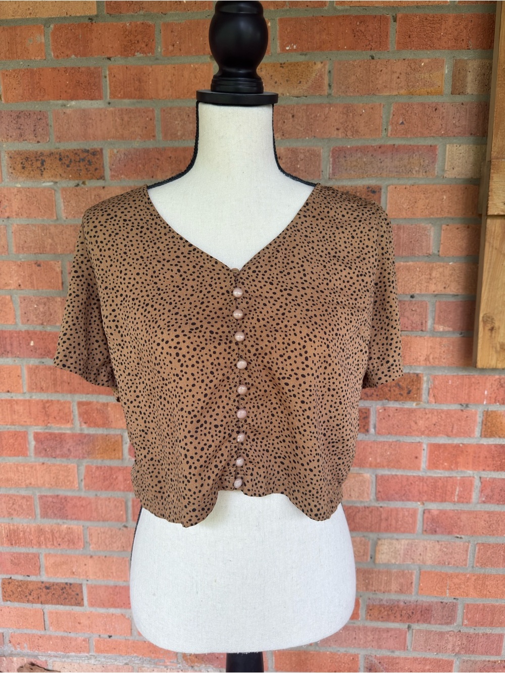 SHEIN Brown Polka Dot Button-Front Crop Top